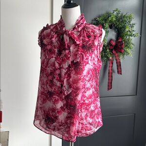 White House Black market 10 Floral Pink Sleeveless valentines tie neck Blouse